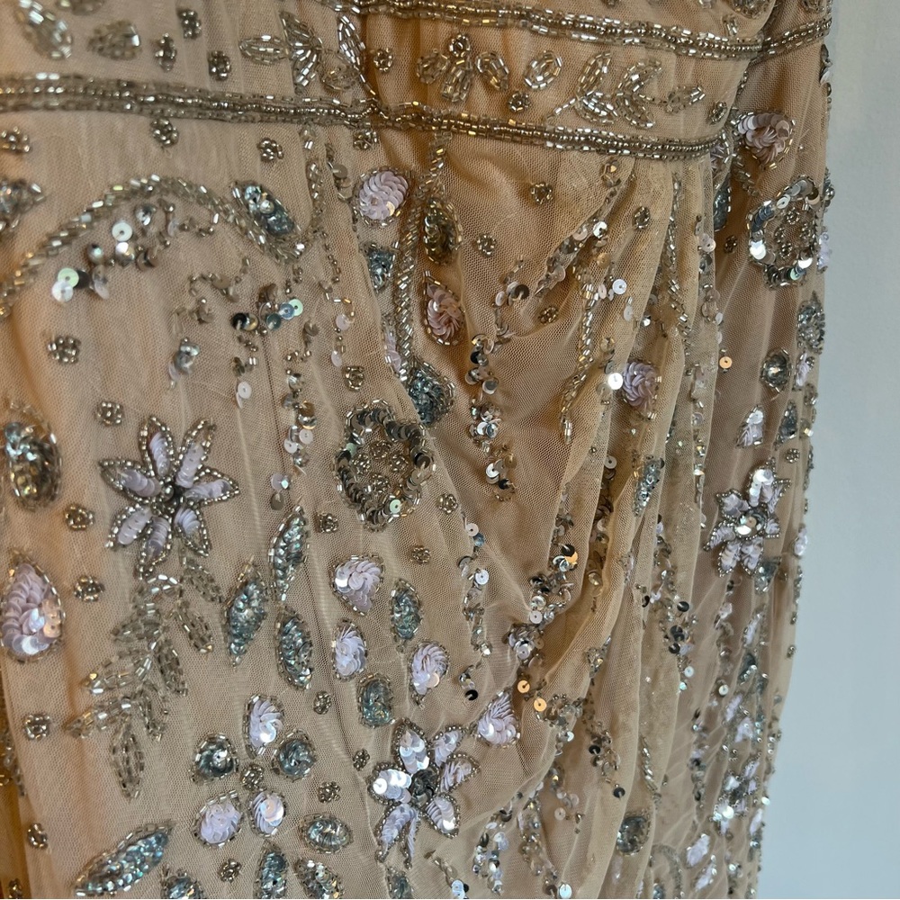 Mac Duggal Embellished One Shoulder Draped Maxi Gown Nude & Silver | Size 8 - Picture 8 of 16